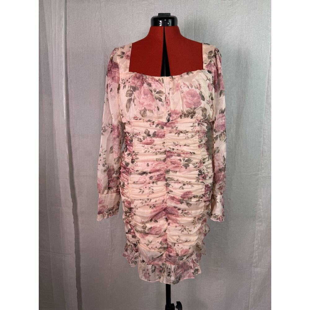 Eilly Bazar Mini Dress Long Sleeve Chiffon Ruched Floral Square Neck Size L C956